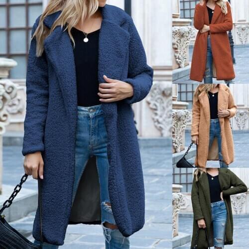 Plus Size 3XL Winter Jacket Women Solid Color Faux Fleece Long Coat Women Open Front Lapel Jacket Women Overcoat femme veste