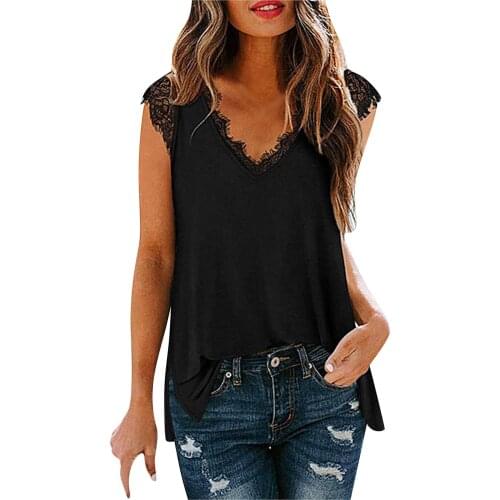 Womens Sexy Lace Solid Tank Tops Female V-neck Vest Plus Size Sleeveless Pullovers Club Tops Women T Shirts Cotton Tanks #T1Q