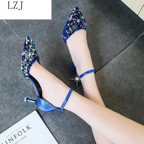 2019 Women Pumps High Thin Heel Bling Bridal Wedding Shoes Classic Pointed Toe Sexy Ladies Party Shoes Zapatos De Mujer