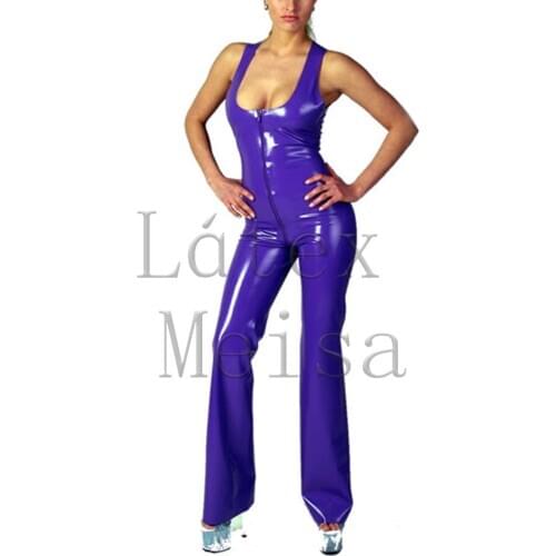 Sexy full body latex suit with low-cut design and attached front zip to back waist in blue color for women