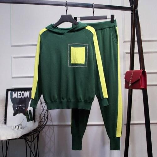 2021 New Autumn Hooded 2 piece set Womens Suit Casual Fashion Hot Drilling Knit Jacket+Trousers Two-piece Women two piece set