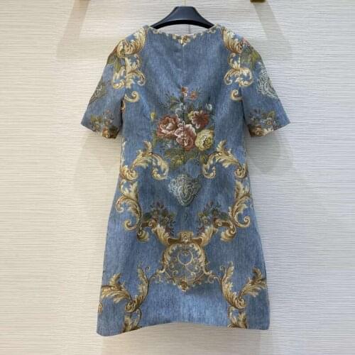 Runway Summer Vintage Fashion Mini Women Short sleeve Slim Flower Print Ladies Elegant Jacquard Dress vestidos