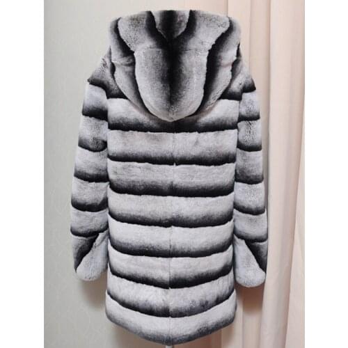 Winter genuine natural thick whole skin rex rabbit fur coat striped long hooded outerwear coats Chinchilla women clothing