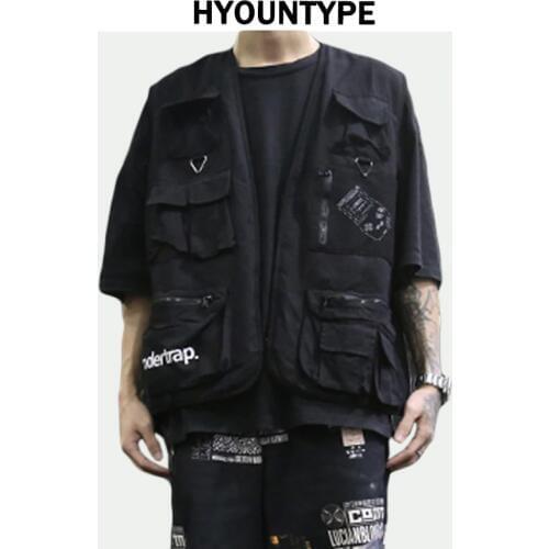 High Street Pockets Vests Men Letter Cargo Waistcoat Zipper Military Jacket 2018 New Hip Hop Streetwear Tactical Vest Sweatshirt
