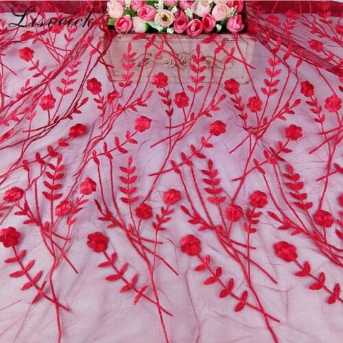 1yard red polyester embroidery branches flowers mesh tulle lace fabric diy dress skirt clothing materials