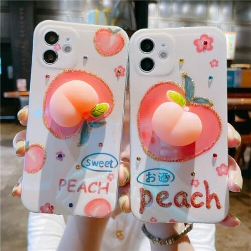 3D Cute Fun decompression pinch peach rhinestone soft phone case for iPhone 12 11 Pro max case XS MAX 7 8 plus X XR SE2 12 MINI