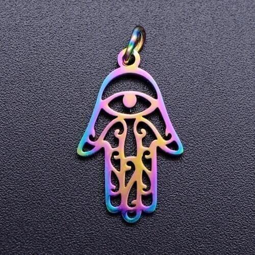 5pcs/lot 100% Stainless Steel Unique Hamsa Hand diy Charms With Rainbow Plated Wholesale Charm for Necklace Never Rust