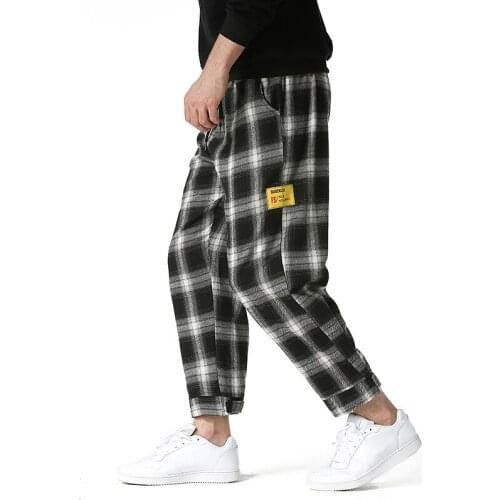 Reflective Streetwear Pants Men Jogger Ankle-Length Harem Pants Splice Black white Lattice Joggers Trousers Men Pants Casual
