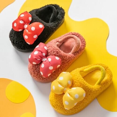 Disney autumn and winter new cute bow shoes ins boys and girls princess style childrens cotton slippers