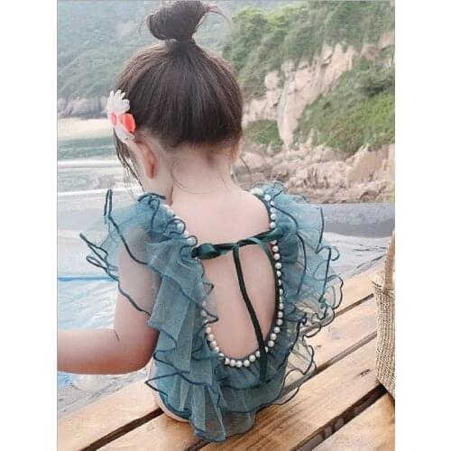 Childrens Swimwear Baby Girls Cute Lace Back Beaded Swimsuits Princess Sleeveless Backless One-Piece Beachwear Swimwear