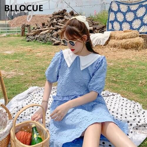 BLLOCUE Elegant Womens Blue Puff Sleeve Dress 2020 New Summer Korean Square Collar Casual Loose Navy Wind Suspenders Dress