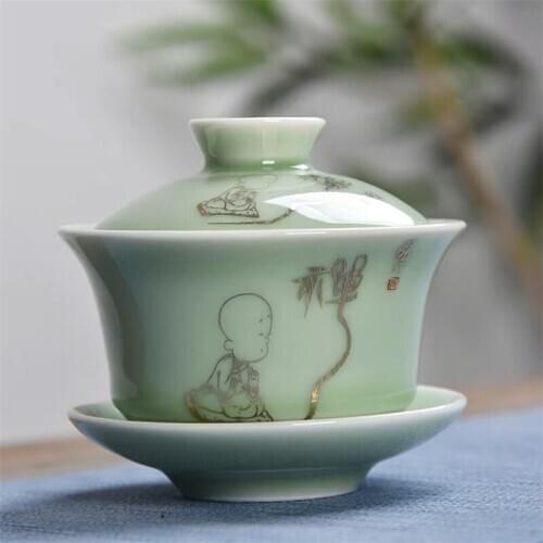 Ceramic Hand Painted Kung Fu Gaiwan High Quality Porcelain Celadon Tea Cup Set for Travel Beautiful and Easy Kettle Drinkware
