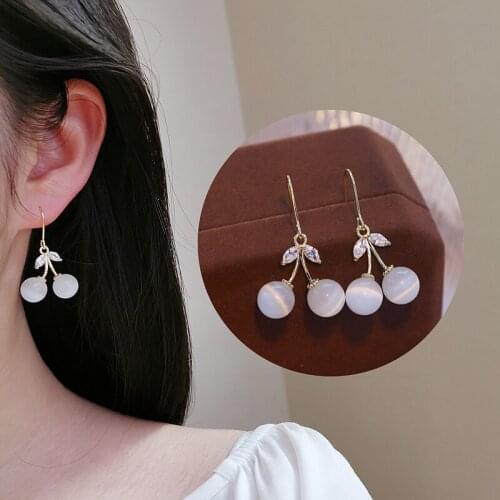 Korean Cute Sweet Cherry Earrings For Women Girls Trendy Opal Crystal Fruit Long Drop Earrings Wedding Jewelry Accessories