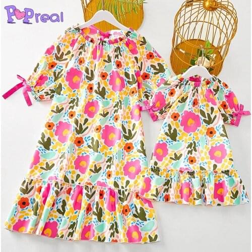 PopReal Summer Flowers Print Bow Mom And Daughter Skirt Parent-Child Outfit Girl Family Dress Mother Kids Dress O-Neck