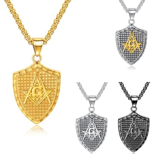 Stainless Steel Masonic Free Mason Shield Pendant Men Signet Freemasonry Vintage Punk Necklace for Men Jewelry