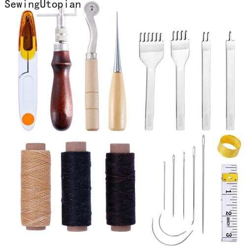 20PCS Leather Carft Hand Stitching Sewing Tool Kit Thread Awl Waxed Thimble Scissors DIY Leathercraft Tool Leather Working Tools
