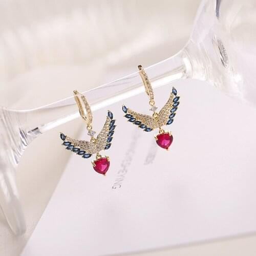 OKILY New Rhinestone Angel Wings Hanging Dangle Earring Fashion Heart Shape Drop Earrings Elegant Zircon Earrings Jewelry