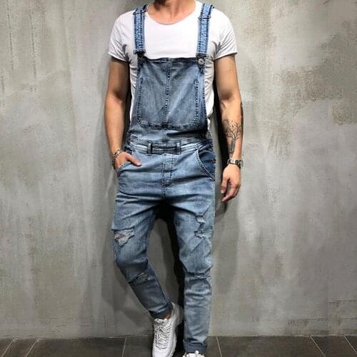 Wholesale Retro Summer Men Ripped Denim Overalls Destroyed Hole Long Pants Jeans Jumpsuit