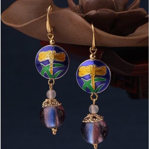 Original Ethnic New Exquisite Cloisonne Earrings Vintage Fashion Natural Stone Long Pendant Earrings for Women Jewelry Wholesale