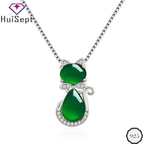 HuiSept Retro Silver 925 Necklace Cat Shaped Emerald Zircon Gemstone Pendant Jewelry Accessories for Female Wedding Dropshipping
