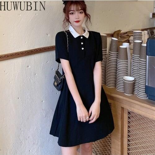 Big Code New Paragraph Summer Bohemian Dress Sweet Contrast Lapel Slim Retro Dress Party Short Sleeve Fashion Trend