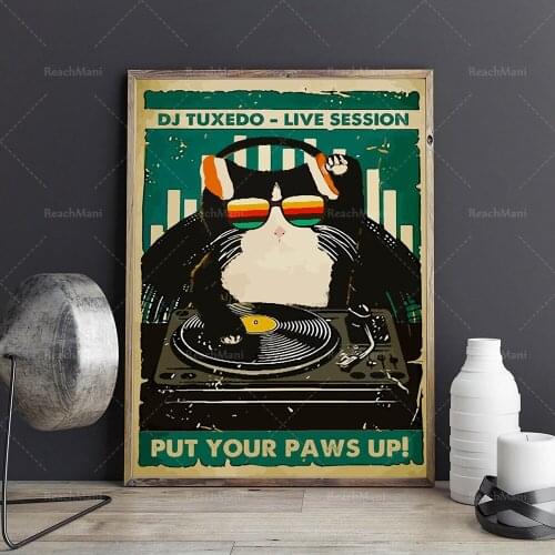 DJ Tuxedo-Live Session Raise your paws up poster, black cat lover, cat art prints, DJ posters, music prints, retro posters, home