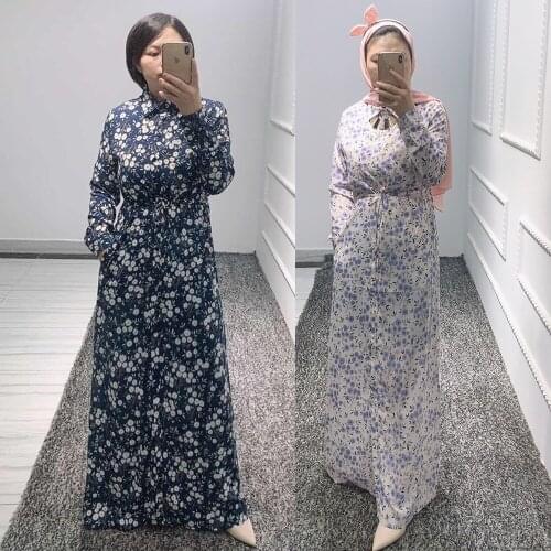 Ramadan Muslim Abaya Women Floral Printed Long Sleeve Maxi Dress Shirt Party Arab Gown Kaftan Jilbab Dubai Clothing Middle East