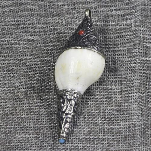 Handmade Nepal Buddhist Bead Necklace Conch Necklace Pendant Women Men White & Blue