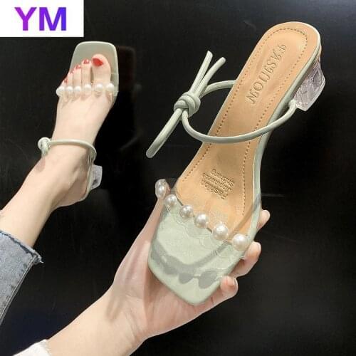 Clear Transparent Heels Sandals Women Summer Pearls White Slides Beach Lady Sandals Zapatillas Mujer Casa Sapato Feminino 35-39