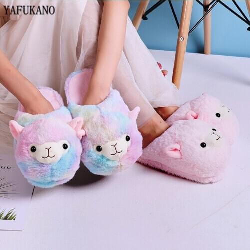 Cute Cartoon Alpaca Home Women Fur Slippers Winter Warm Plush Parent-child Floor Slides House Flat Bedroom Women Furry Slippes