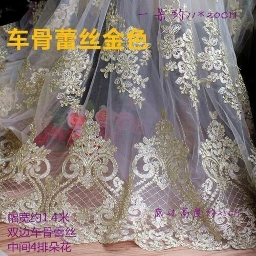 Light-gold High-end Car-bone Mesh Embroidered Lace Fabric Wedding Lace Fabric 125cm 1yard