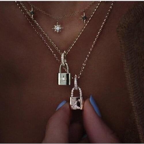 YWZIXLN 2pcs/set Boho Bling Rhinestone Lock Pendant Necklace Gold Color Tennis Chain Choker Bijoux For Women Jewelry N0105