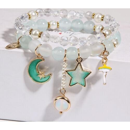 Korean small fresh crystal beaded bracelet for women double layer bracelet sweet girl heart star moon bracelet female