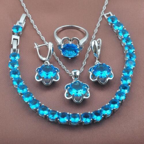Womens Crystal Jewelry Sets Flower Design Sky Blue Zirconia Silver Color Necklace And Earrings Set With Ring Bracelet YZ0134