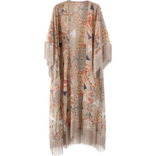 Womens Summer Half Sleeve Chiffon Cardigan Boho Retro Geometric Floral Printed Fringed Tassels Patchwork Bikini Cover Up Ankle