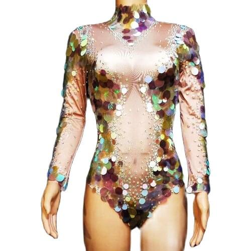 Sparkling Diamonds Women Long Sleeve Bodysuits Glistening Sequin Mermaid Tight Jumpsuits Birthday Celebrate Evening Prom Costume