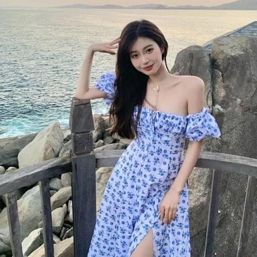 Summer Elegant Midi Dress Boho Beach Floral Dress Female Party One Piece Dress clothes vintage Women Puff Sleeve Square Collar