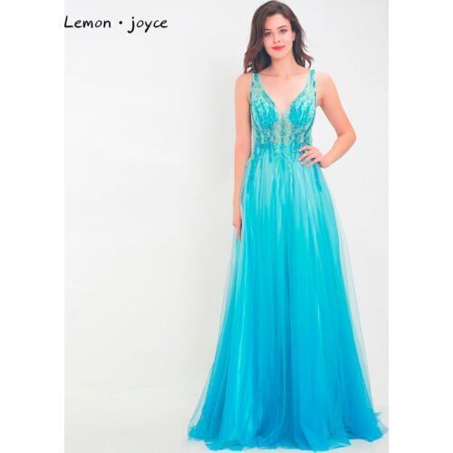 Lemon joyce Evening Dress Long 2020 Sexy V-neck Sleeveless Beading Illusion Floor Length Elegant Women Party Gown Plus Size