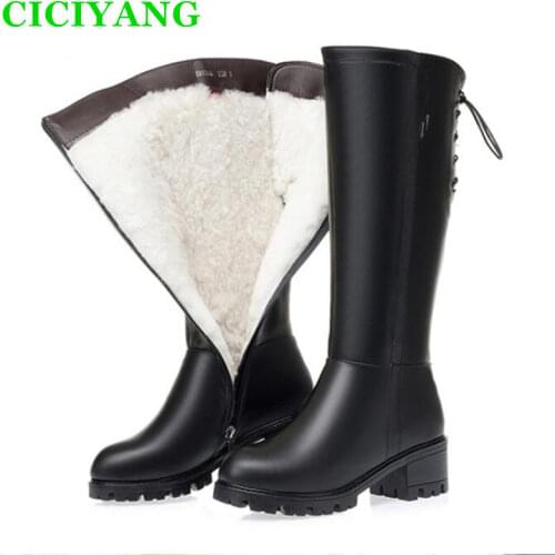 Wool warm snow boots Female Genuine Leather Riding boots Cowhide high boots Knee-high boots Womens plus size cotton shoes 35-43