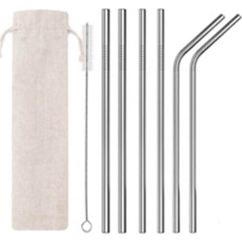 10pcs Cotton Bag 304 Stainless Steel Straw Set Beverage Coffee Straw 8*Straw 2*Brush 1*Cotton Bag