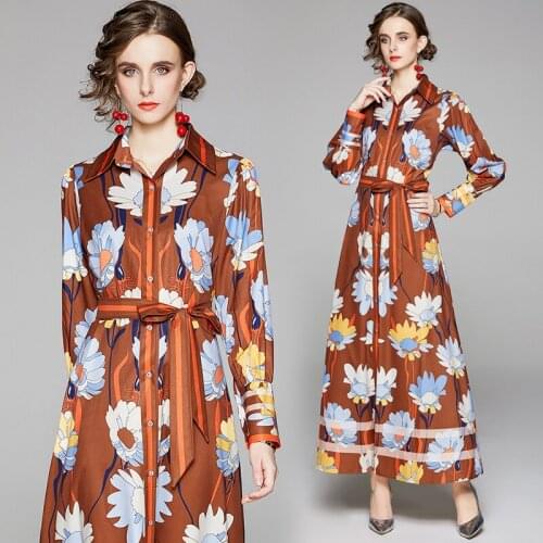 2020 Autumn Winter Long Sleeve Dress Fashion Belted Tunic Slim High Waist Formal Party Maxi Dress Vintage Floral Print Vestidos