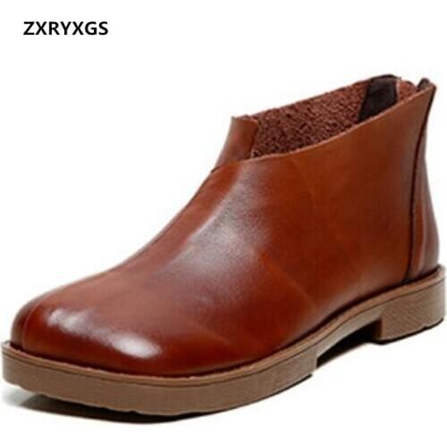 ZXRYXGS New Autumn Top Soft Cowhide Leather Shoes Woman Boots Ankle Boots Flat Heel Soft Bottom Comfortable Shoes Casual Boots