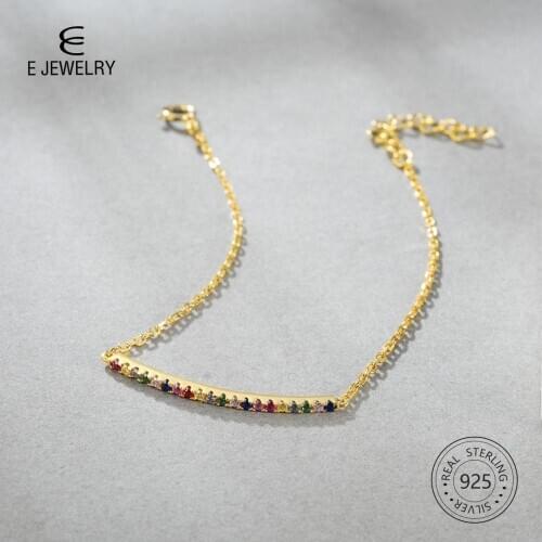 E 18K Gold Plated 925 Sterling Silver Thin Bracelet Rainbow Zircon Bend Bracelet Simple Fashion Fine Jewelry For Women Elegant