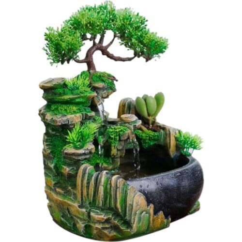 Simulation Resin Rockery Fake Tree Feng Shui Waterfall Humidifier Decoration for Office Home,US Plug