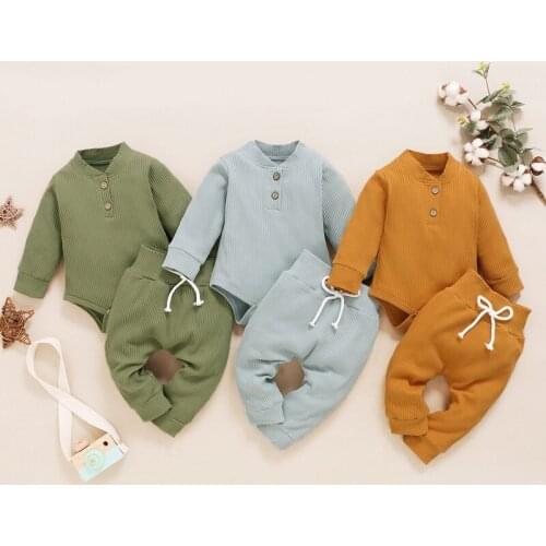 2Pcs Newborn Girl Clothes Set Solid Baby Boy Autumn Long Sleeve Rompers Pants Sets for Babies