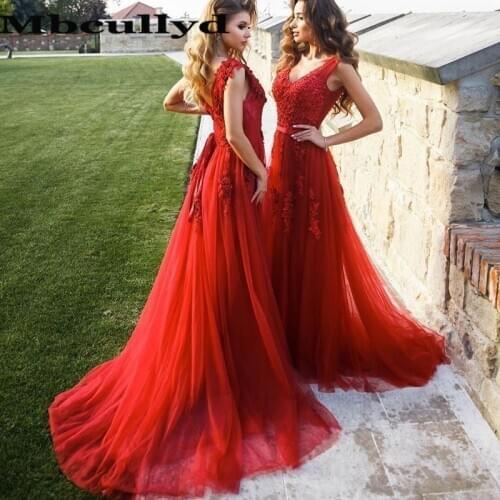 Mbcullyd Graceful A-line Red Prom Dresses Long 2020 Sexy V-neck Evening Party Gowns For Women Tulle Backless vestidos de fiesta