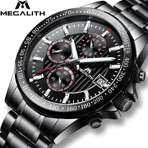 MEGALITH Fashion Sports Watch Men Full Steel Waterproof Chronograph Quartz Mens Watches Top Brand Luxury Clock Relogio Masculino