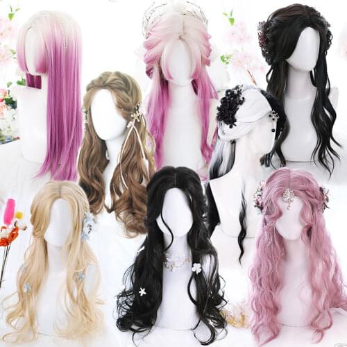 Lolita wigs Middle part hairstyle Wavy hair no bangs Pink blonde Black brown Ombre Wig for women party hair extensions Cosplay