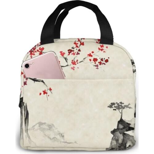 Portable Lunch Bag Japanese Ink Painting Sakura And Mountains Thermal Insulated Lunch Box Pouch Lunch Container Food Storage Bag