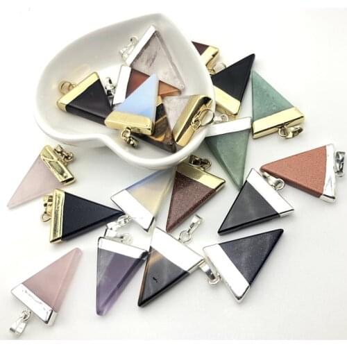 Gilded Silver Color Plated Simple Triangle Geometric Pendants Natural Quartz opal Tiger Eye Amethysts Stone Charms Pendant